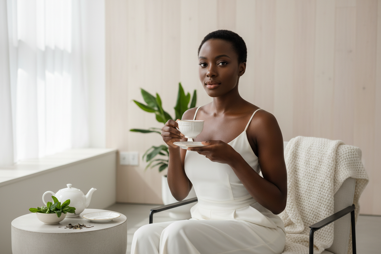 Femme noire avec peau sublime buvant du thé